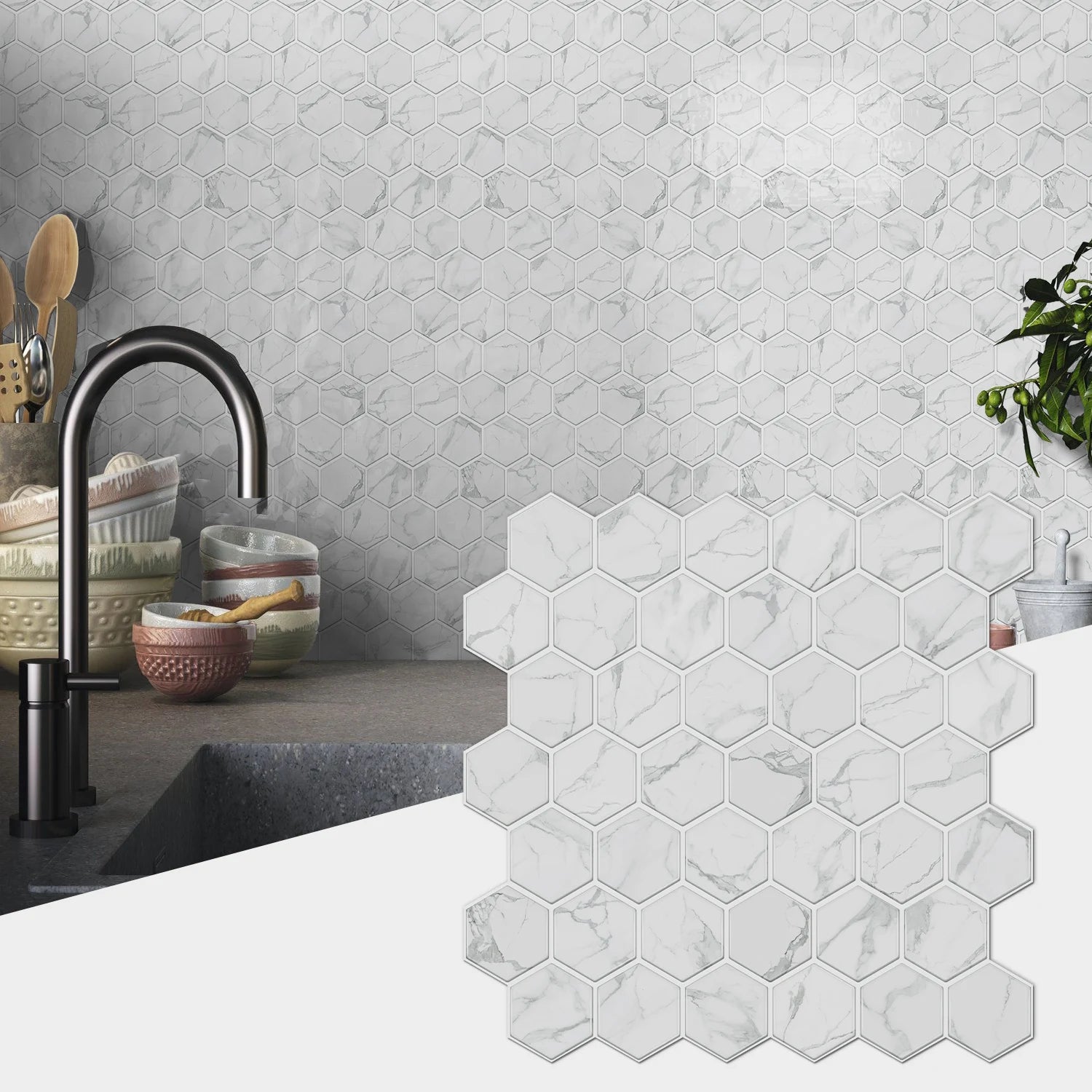 12PCS/Set Green Ceramic Tile Marble Waterproof Self-Adhesive PVC Wall Stickers, Kitchen Backsplash Oil Resistant Home Decoration