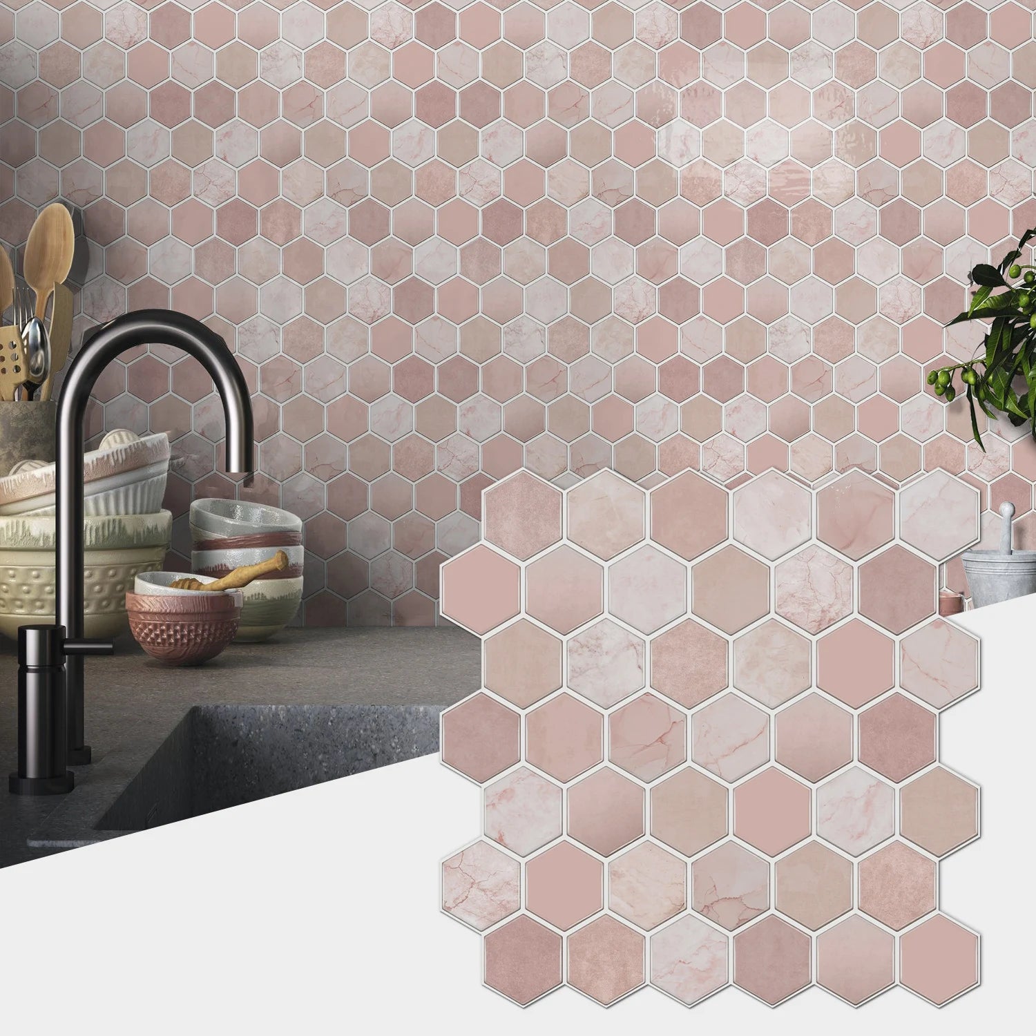 12PCS/Set Green Ceramic Tile Marble Waterproof Self-Adhesive PVC Wall Stickers, Kitchen Backsplash Oil Resistant Home Decoration