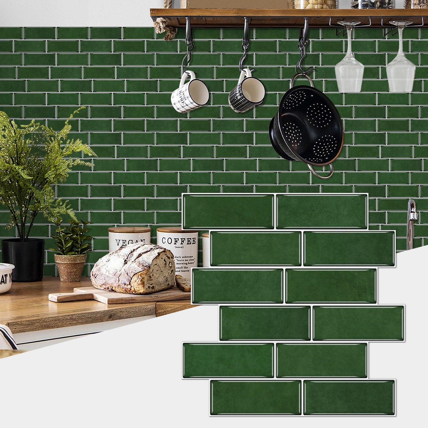 12PCS/Set Green Ceramic Tile Marble Waterproof Self-Adhesive PVC Wall Stickers, Kitchen Backsplash Oil Resistant Home Decoration