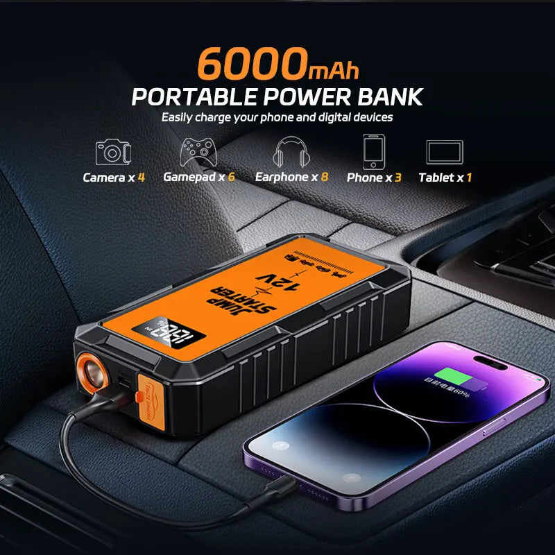 12V Screen Safety Hammer Car Starting Device Car Jump Starter 4000A Power Bank Car Wireless Tire Inflator Pump Air Compressor