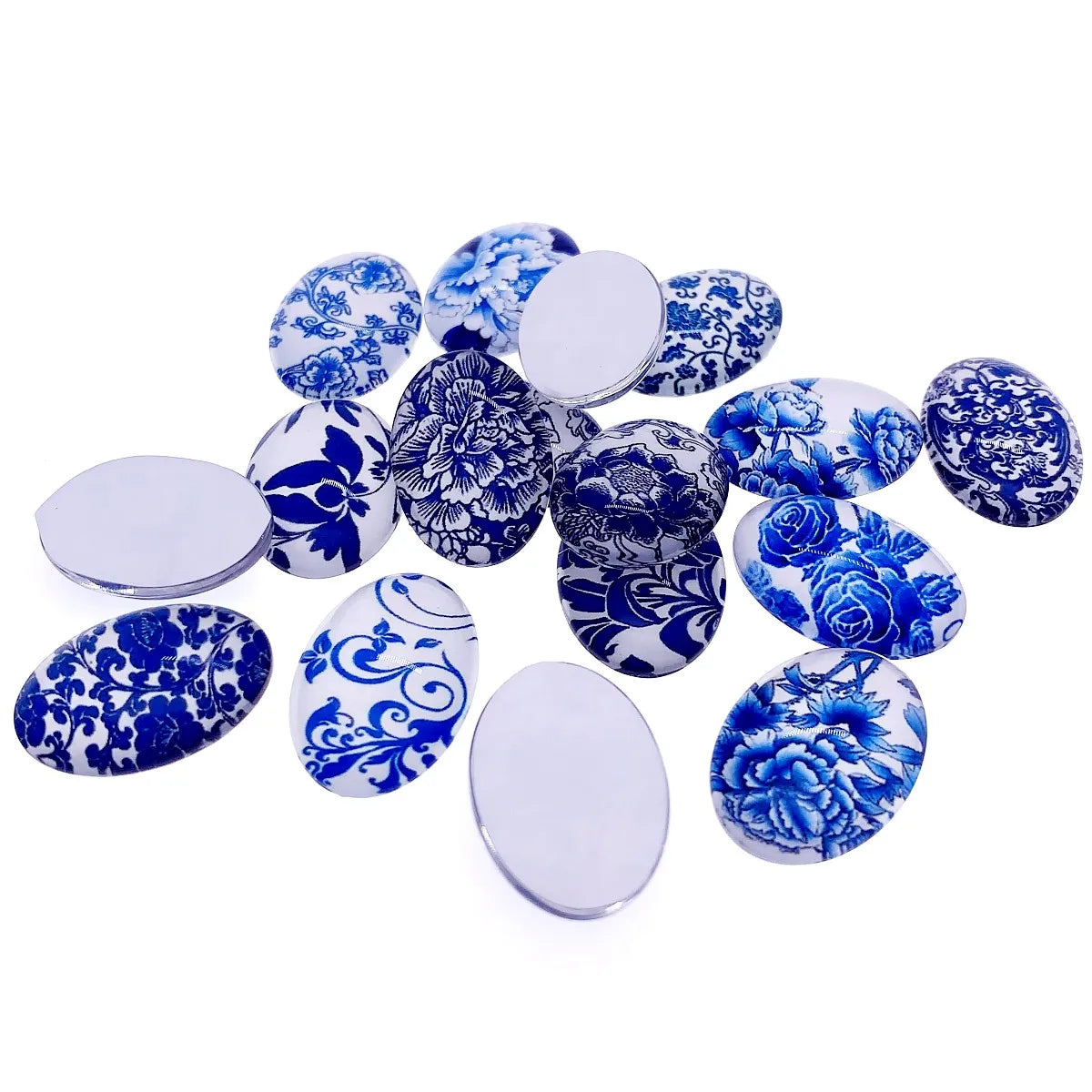 13x18mm 18x25mm 30x40mm Random Mixed Blue and White Porcelain Oval Glass Cabochon Flatback Photo Base Tray Blank DIY Accessories