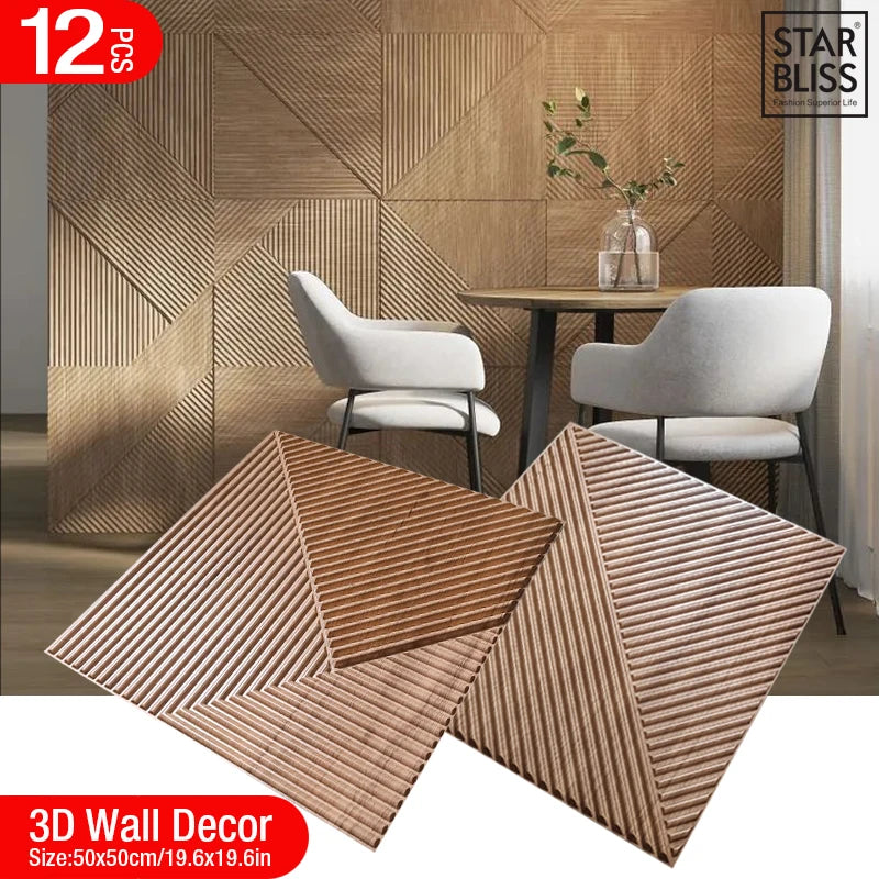 12 piece 50cm / 3m² Shiny gold 3D wall decor Wood grain slatted wall panel 3D groove texture panel tile wall sticker waterproof