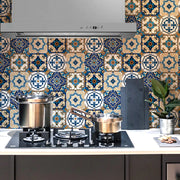 Tile Stickers Blue Brown Baroque Stylish Wallpaper Self Adhesive Wall Tiles Waterproof Bathroom Oil Resistant Kitchen Tiles DIY
