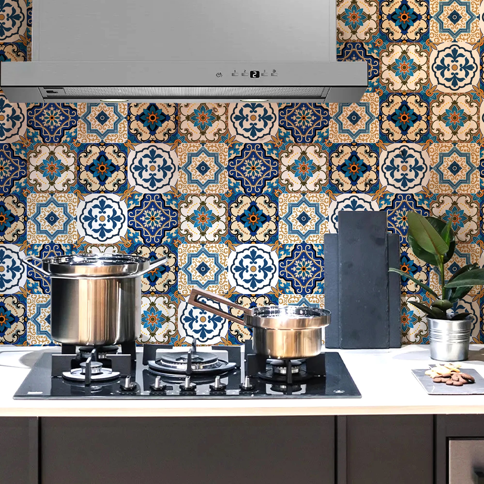 Tile Stickers Blue Brown Baroque Stylish Wallpaper Self Adhesive Wall Tiles Waterproof Bathroom Oil Resistant Kitchen Tiles DIY