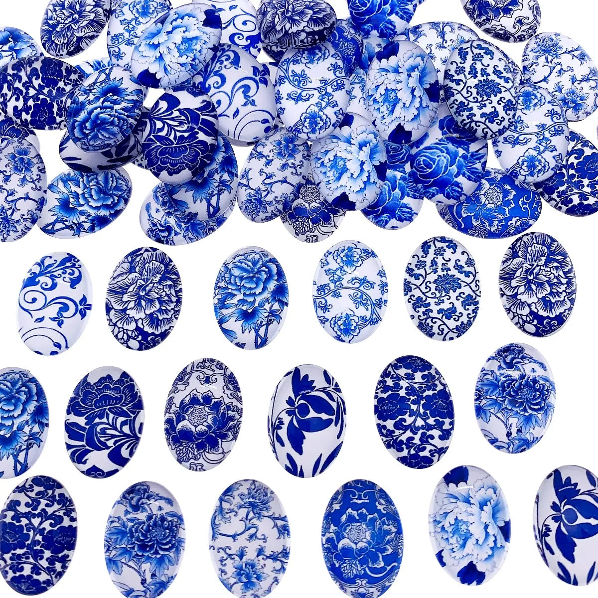 13x18mm 18x25mm 30x40mm Random Mixed Blue and White Porcelain Oval Glass Cabochon Flatback Photo Base Tray Blank DIY Accessories