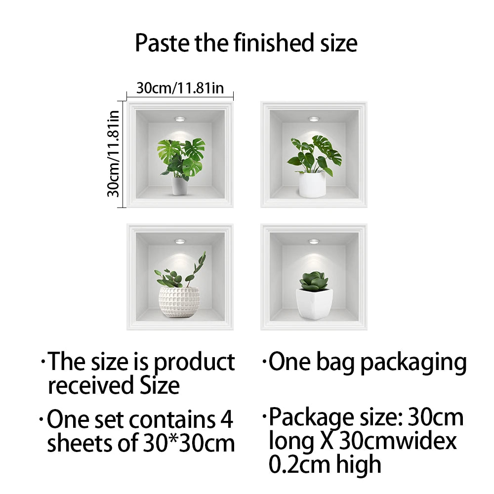 Bộ 4 Cây Giả Dán Tường Chậu Trang Trí PVC Không Thấm Nước