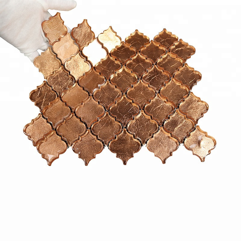 Gạch Kính Mosaic Hình Đèn Lồng Họa Tiết Arabesque Lưng Tráng Lá Đồng Ốp Tường Trang Trí Bếp Phòng Tắm