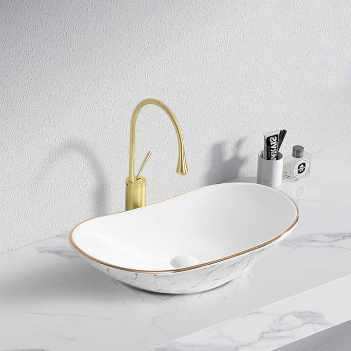 Bồn rửa mặt bằng sứ, vòi, màu đá cẩm thạch, phòng tắm, chậu rửa mặt bằng vàng - Daisan Store