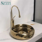 Chậu rửa mặt lavabo sứ mạ điện SDAYI, mặt bàn phòng tắm, chậu rửa bằng gốm sứ nghệ thuật sang trọng màu vàng - Daisan Store