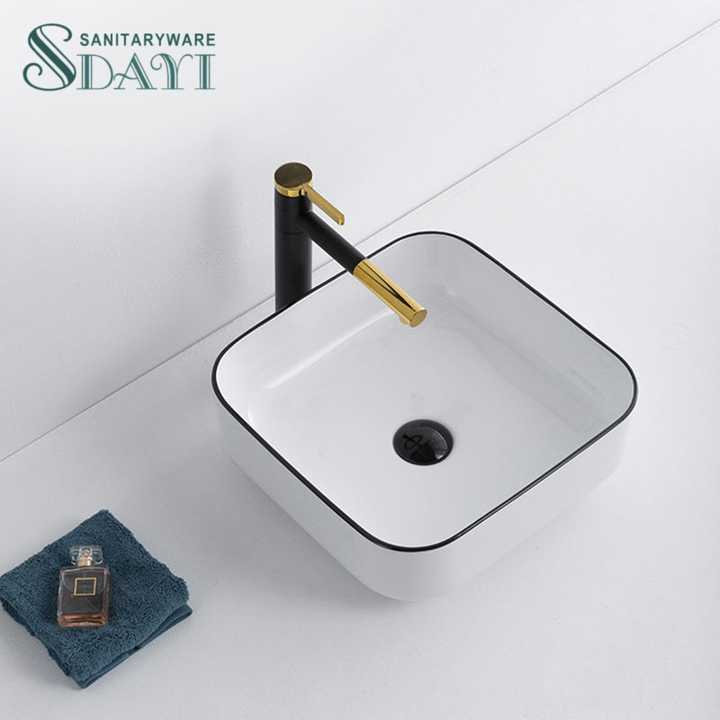 Chậu rửa mặt SDAYI Bắc Âu màu trắng Thiết kế Blackline Thiết bị vệ sinh phòng tắm Chậu rửa nghệ thuật gốm sứ - Daisan Store
