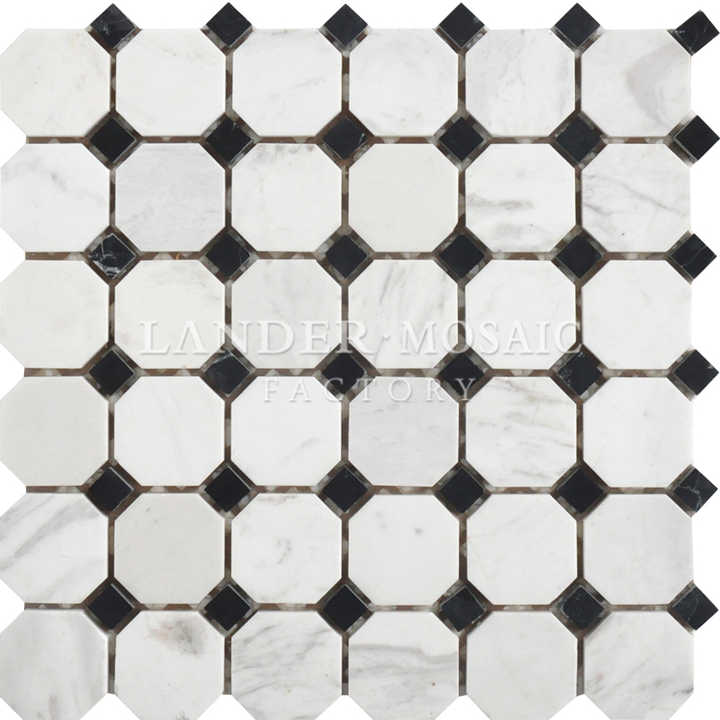 Đá khảm bát giác bằng đá cẩm thạch trắng và đen, thiết kế không đều cho sàn phòng tắm - Daisan Store