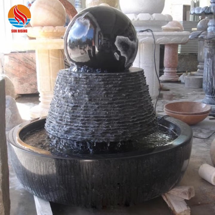 Đài phun nước hình quả bóng bằng đá cẩm thạch đen tự nhiên trang trí sân vườn - Daisan Store