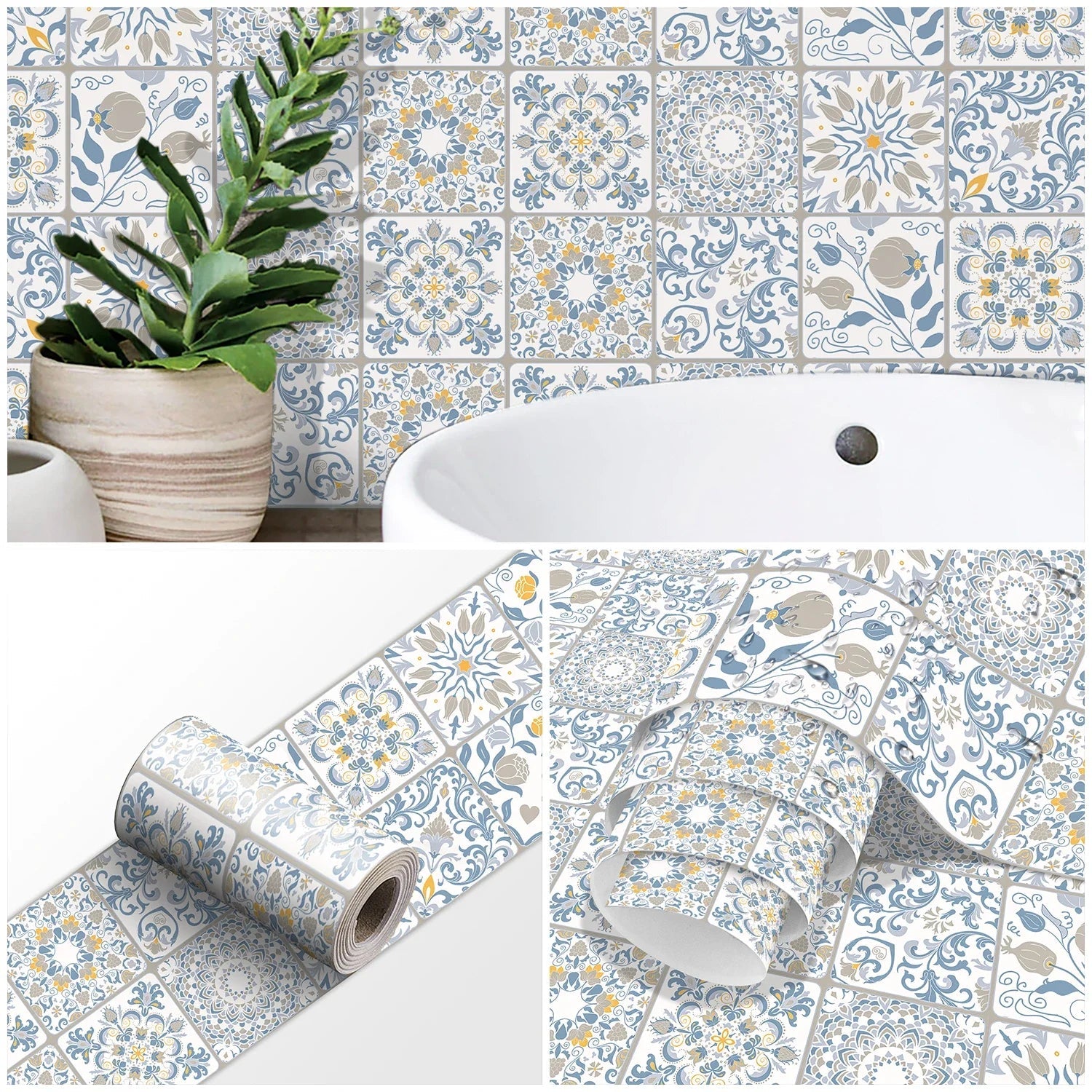 Dán Dính Gạch Ốp Tường Màu Xanh Trắng Vàng Phòng Tắm Bếp - Daisan Store