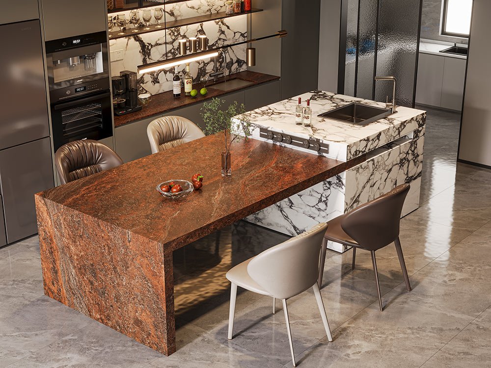 Đảo bếp đá nung kết nâu sẫm, thiết kế pha trộn lấy cảm hứng từ Đôn Hoàng - Daisan Store