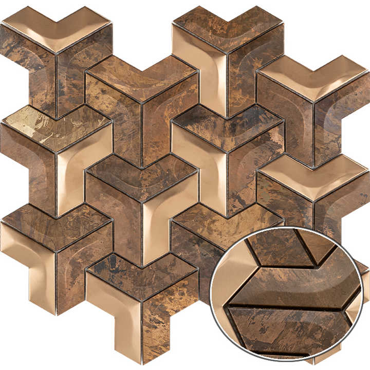 Gạch khảm kim loại hình tam giác bằng đồng thau gỉ sét 3D hình khối nghệ thuật 272*298 không đều màu dùng làm nền TV và trang trí tường khách sạn - Daisan Store