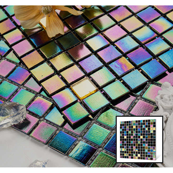 Gạch mosaic thủy tinh màu óng ánh dày 4mm sang trọng dùng để trang trí tường phòng tắm, hồ bơi, hồ bơi ngoài trời, ý tưởng cầu vồng - Daisan Store