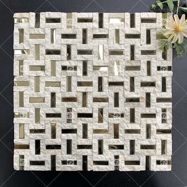 Gạch ốp tường bằng đá tự nhiên sang trọng kết hợp kim loại vàng thép không gỉ cho tường bếp và phòng tắm - Daisan Store