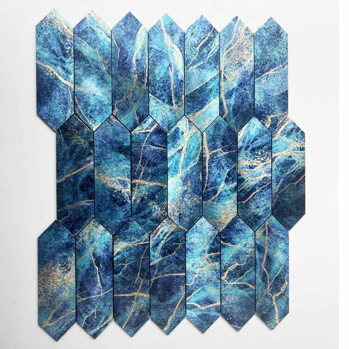 Gạch ốp tường bếp hình lục giác dài bằng kim loại màu xanh da trời 4mm hiện đại tự dính dùng cho trang trí tường phòng tắm biệt thự gia đình - Daisan Store