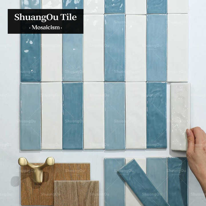 Gạch ốp tường bếp phòng tắm khách sạn phong cách Bắc Âu gạch mosaic cà phê nhà hàng dải dài gạch mosaic màu xanh tráng men - Daisan Store