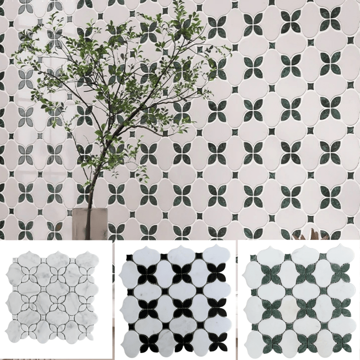 Gạch ốp tường phòng tắm bằng đá cẩm thạch OMK Green and White Pallas Waterjet Houndstooth Carrara Blend - Daisan Store