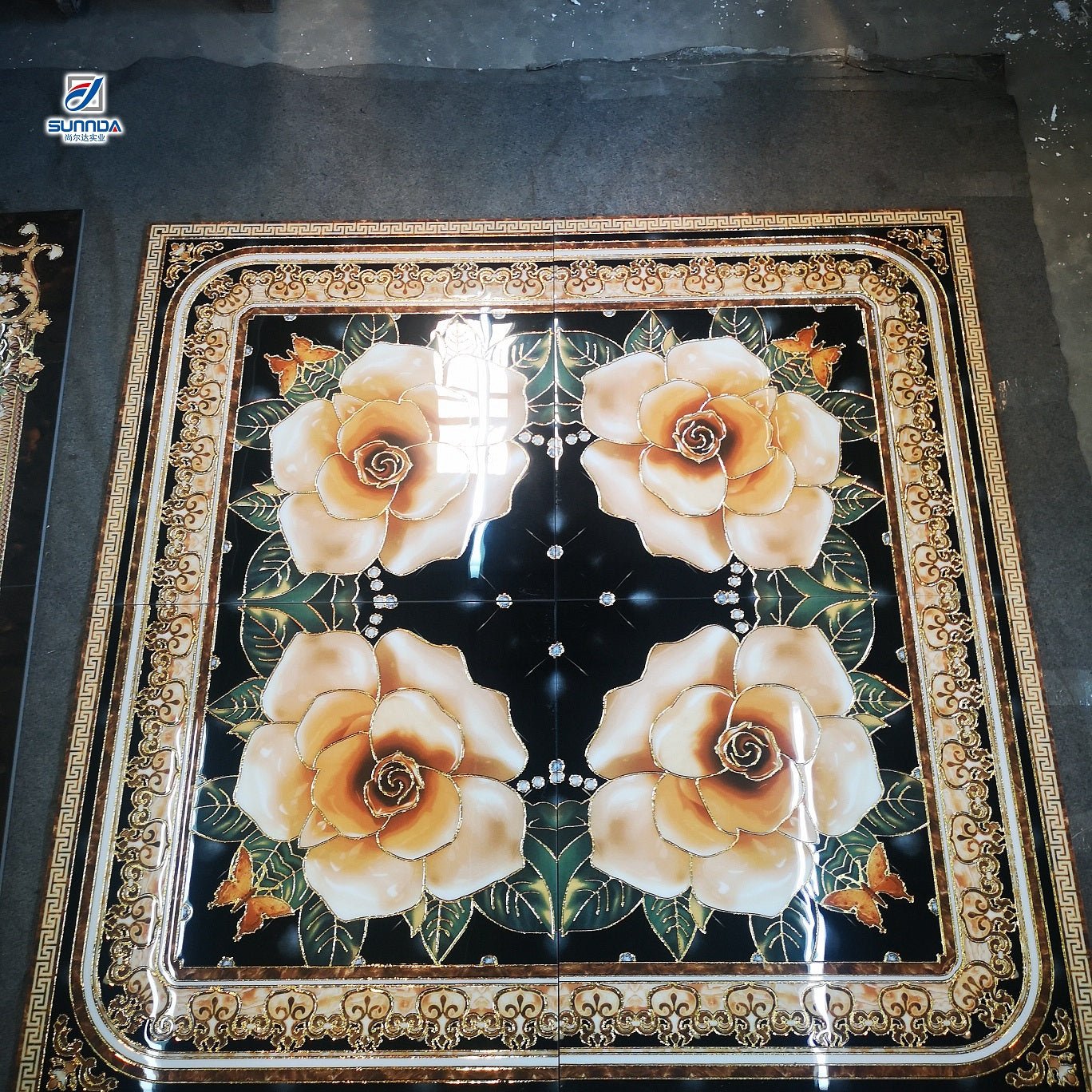 Gạch Sứ Lát Sàn Phong Cách Thảm Sáng, Tráng Men Bóng, Bề Mặt Dập Nổi Mạ Vàng Họa Tiết Hoa - Daisan Store