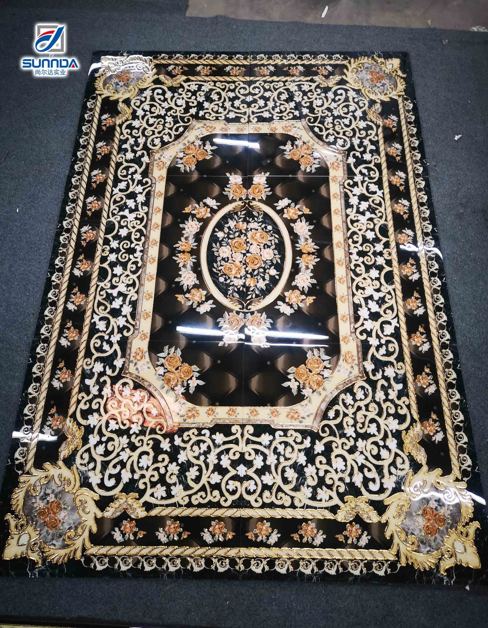 Gạch Sứ Lát Sàn Phong Cách Thảm Sáng, Tráng Men Bóng, Bề Mặt Dập Nổi Mạ Vàng Họa Tiết Hoa - Daisan Store