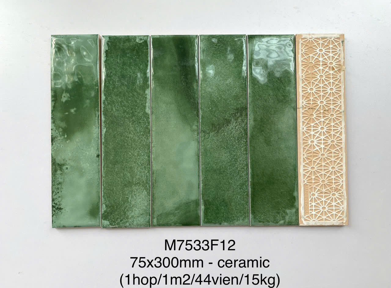 Gạch thẻ Trung Quốc, Xanh chuối loang bóng lượn, KT 75x300 mm, 7533F12 (1 thùng/ 44 viên/ 0.99m2) - Daisan Store