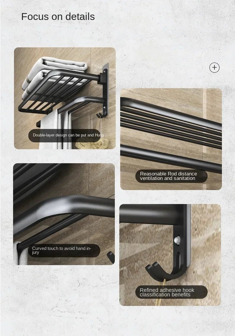 Giá Treo Khăn Dán Tường Nhôm Đen Gập Gọn 40 - 60CM - Daisan Store