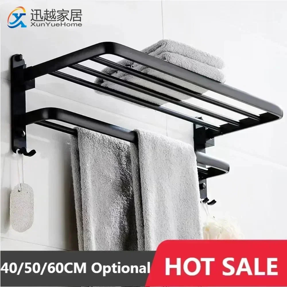 Giá Treo Khăn Dán Tường Nhôm Đen Gập Gọn 40 - 60CM - Daisan Store