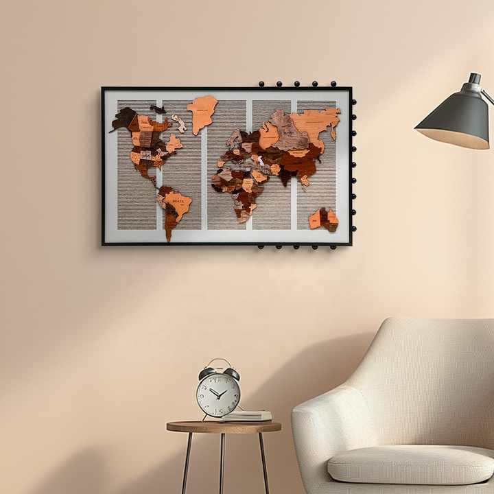 JZ Bản đồ thế giới khắc gỗ 3D hiện đại lớn Trang trí nhà Nghệ thuật đa phương tiện Tác phẩm nghệ thuật Tranh trừu tượng thủ công Trang trí tường nhà bếp - Daisan Store