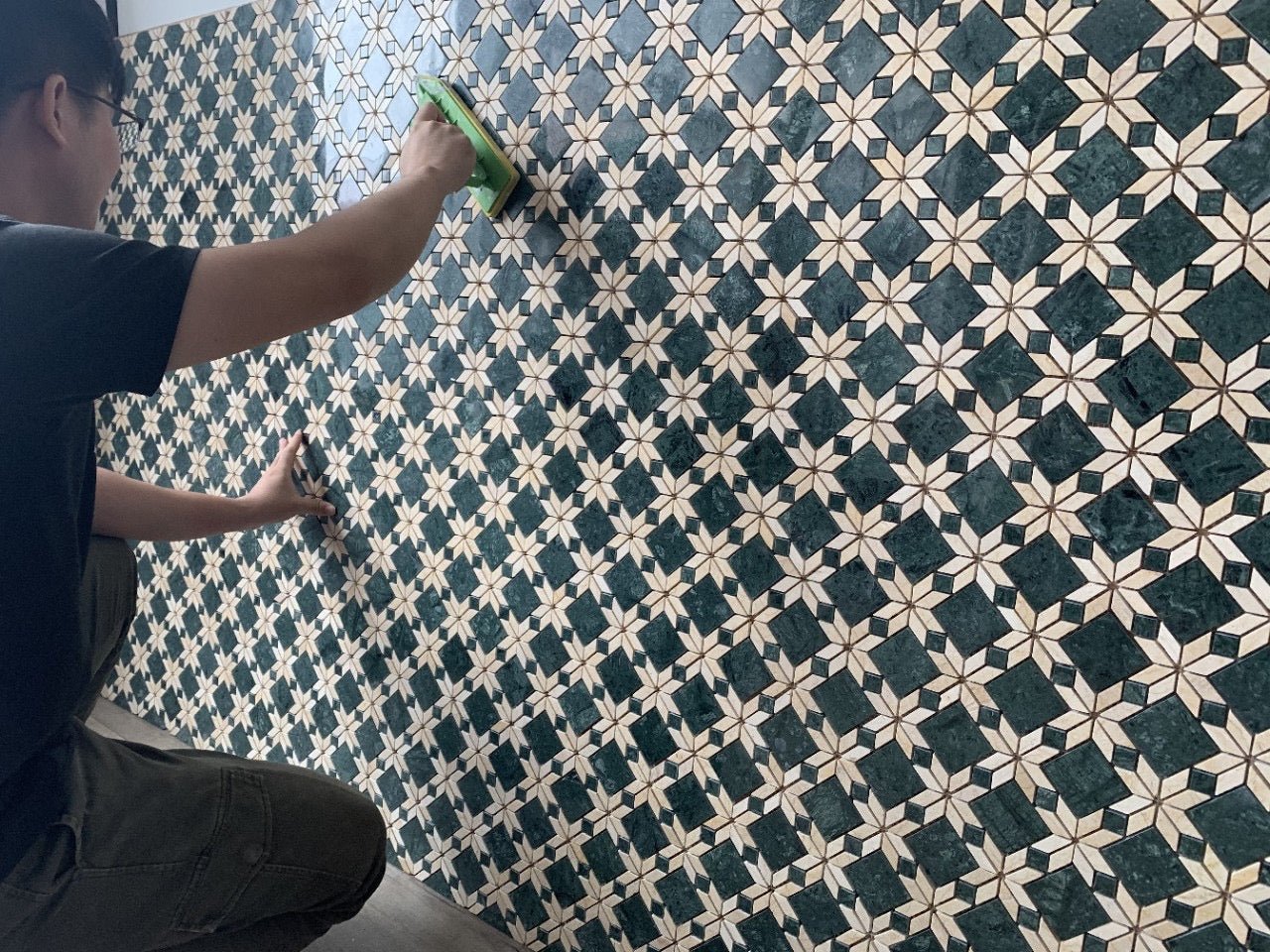 Mosaic Đá DTH 10mm Xanh Đậm Be Cao Cấp Nhà Tắm Bếp - Daisan Store