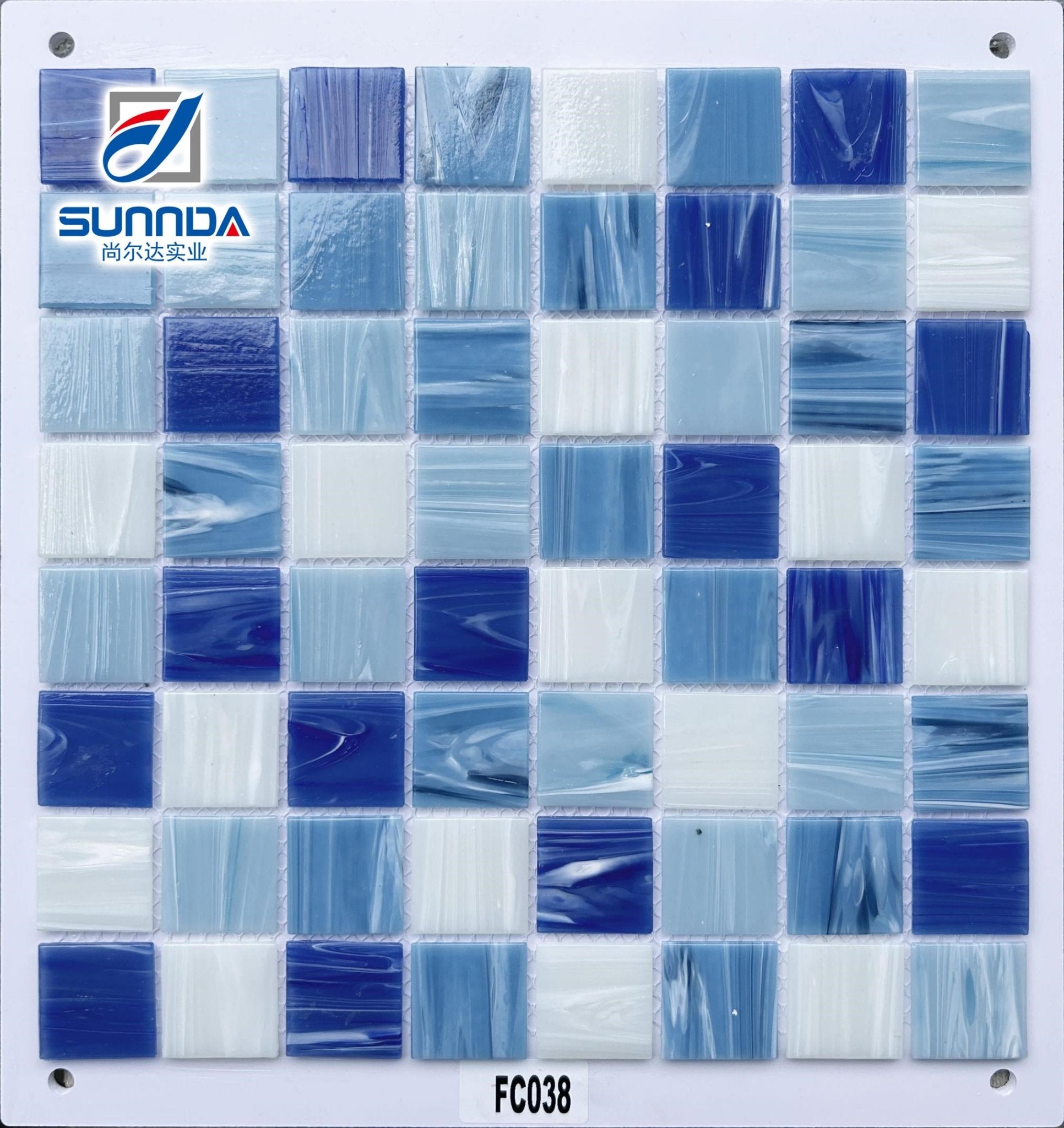 Mosaic kính 48x48 mm thiết kế xanh dương nóng và vàng trang trí tường phòng tắm, bếp dạng lưới - Daisan Store