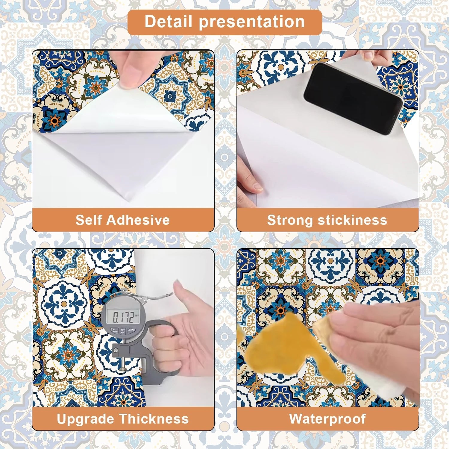 Nhãn dán gạch xanh nâu Baroque chống nước, dán tường - Daisan Store