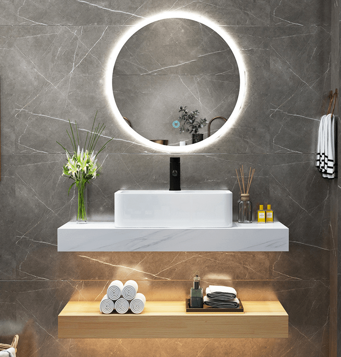 Phòng tắm nhỏ bằng gỗ mặt bàn l với chậu rửa bằng gốm tủ - Daisan Store