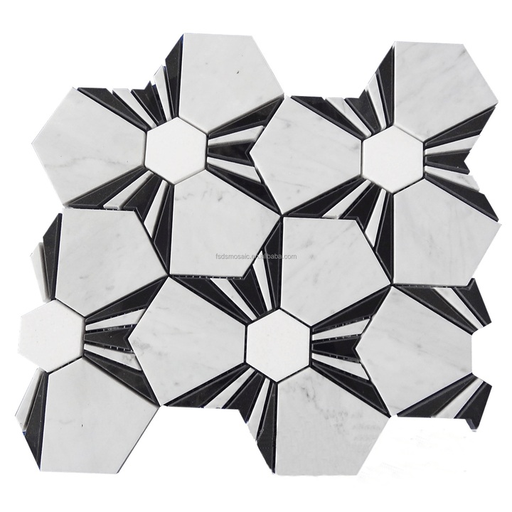Tấm ốp tường hình lục giác bằng đá tự nhiên thiết kế hiện đại, hoa đen trắng, gạch đá cẩm thạch phun nước đánh bóng dùng cho nhà bếp, phòng tắm - Daisan Store