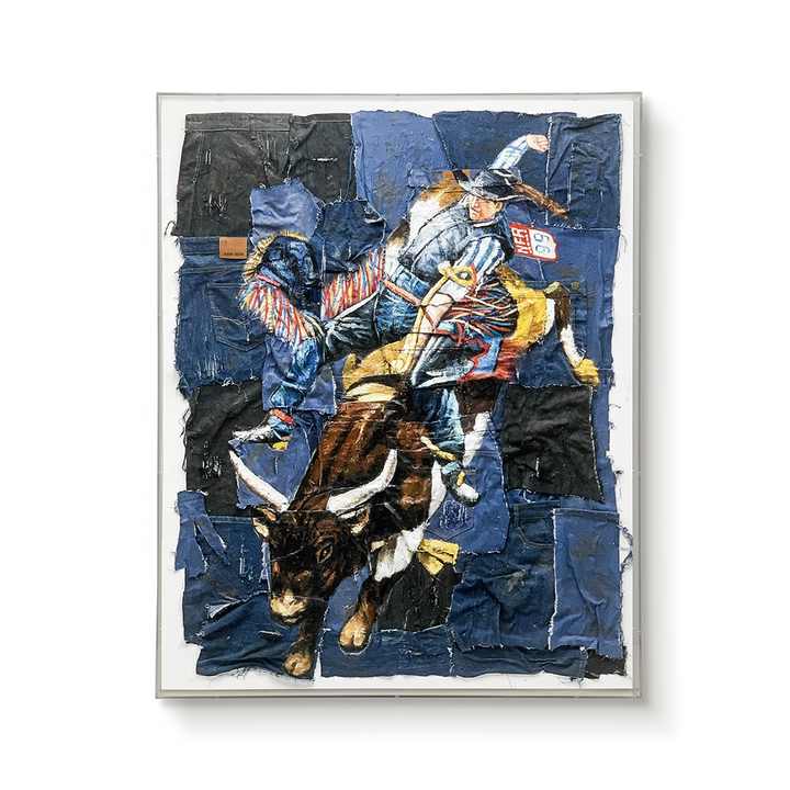 Trang trí phòng khách JZ Tranh trừu tượng vải jeans chắp vá nghệ thuật đa phương tiện đóng khung kết cấu sơn dầu hiện đại vẽ tay nghệ thuật treo tường 3D - Daisan Store