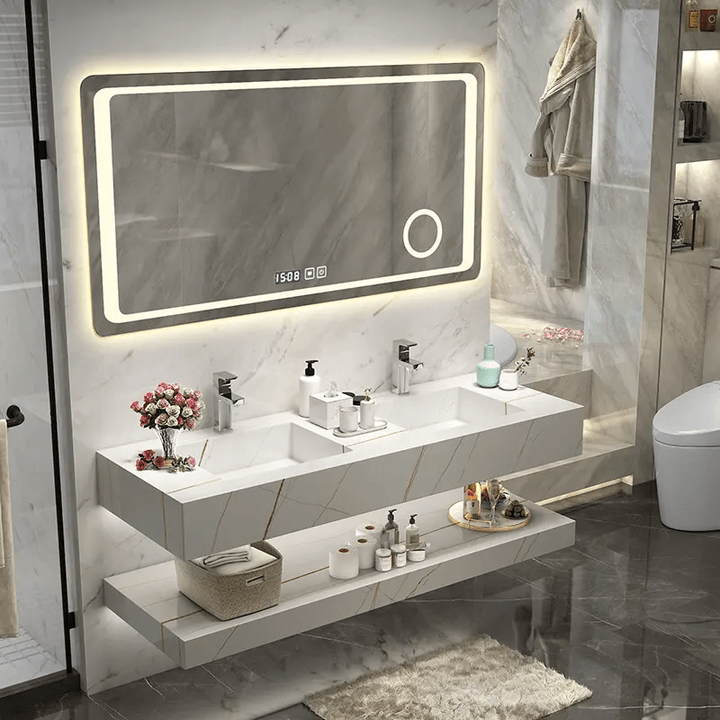 Tủ chậu rửa mặt tích hợp bằng đá cẩm thạch thiêu kết treo tường phòng tắm hiện đại, bồn rửa đôi nổi, tủ đựng đồ vệ sinh có gương - Daisan Store