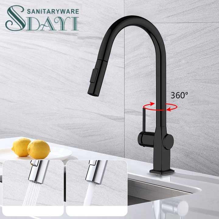 Vòi chậu rửa bát hiện đại SDAYI 360 độ, vòi trộn bằng đồng thau đen, lắp đặt đơn, kéo xuống, vòi chậu rửa bát - Daisan Store