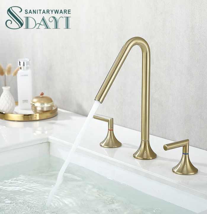 Vòi chậu rửa mặt 3 lỗ đơn giản gắn trên sàn SDAYI, tay cầm kép, mạ crôm vàng sáng bóng - Daisan Store