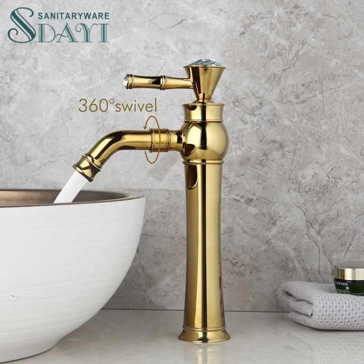 Vòi chậu rửa mặt mạ vàng kim cương sang trọng SDAYI Vòi trộn phòng tắm Vòi xoay bằng đồng thau Vòi nước chậu rửa có thể xoay - Daisan Store