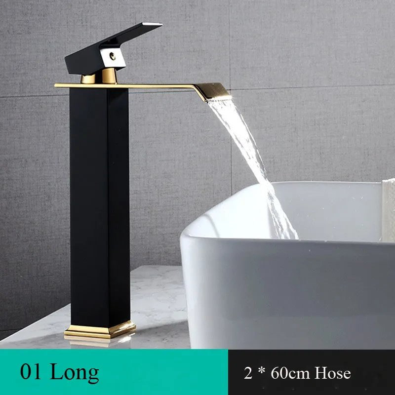 Vòi Lavabo Thác Nước Vàng Đen - Chậu Nóng Lạnh - Daisan Store