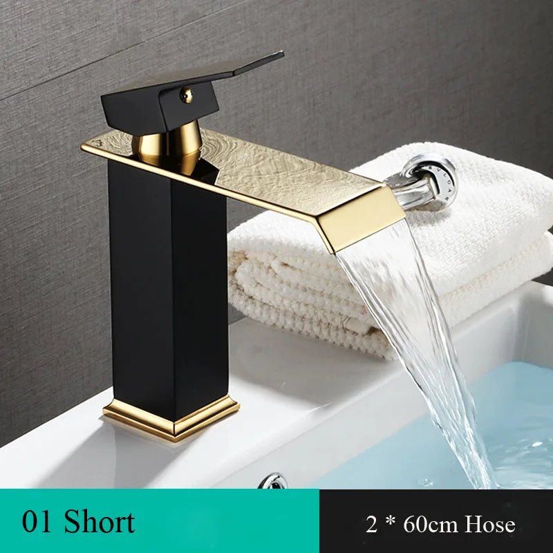 Vòi Lavabo Thác Nước Vàng Đen - Chậu Nóng Lạnh - Daisan Store
